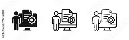 User system management icon set with person and computer screen settings