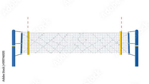 A volleyball net with blue posts and yellow trim set against a clean white background.