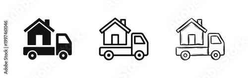 Moving house service icon set with truck carrying a home in three styles
