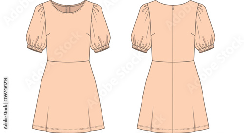 Peach Puff Sleeve Mini Dress Flat Sketch Front and Back View Fashion Design