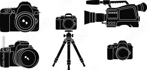 Black and white camera equipment set illustration isolated on white background, Vector