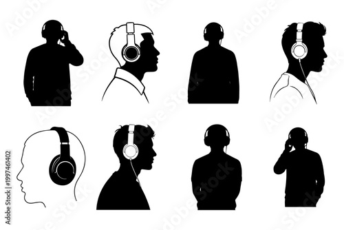 Person Wearing Headphones Audio Listener Vector Silhouette Illustration set