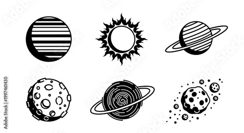 Cosmic Icons: Sun, Planets, Moon, Asteroids - Vector Graphics