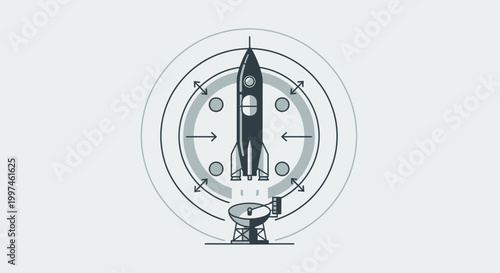 Rocket Launch Sequence, Satellite Dish, Space Exploration, Abstract Vector Art