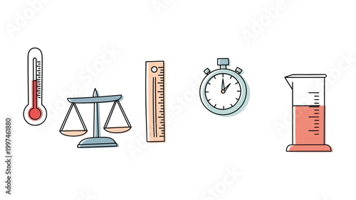 Measuring Instruments: A collection of essential tools for scientific measurement are displayed, including a thermometer, balance scale, ruler, stopwatch, and graduated cylinder.