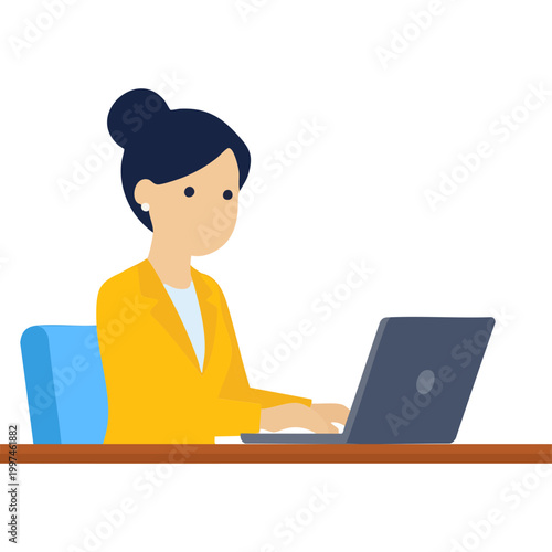 Male office staff entering data on a PC at a construction company branch office, vector illustration

