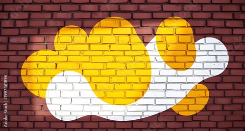 Bright Yellow and White Cloud-shaped Graffiti on Red Brick Wall, Urban Street Art, Creative Wall Design, Colorful Mural, Artistic Expression, Modern Graffiti, Eye-catching Wall Art, Urban Decor