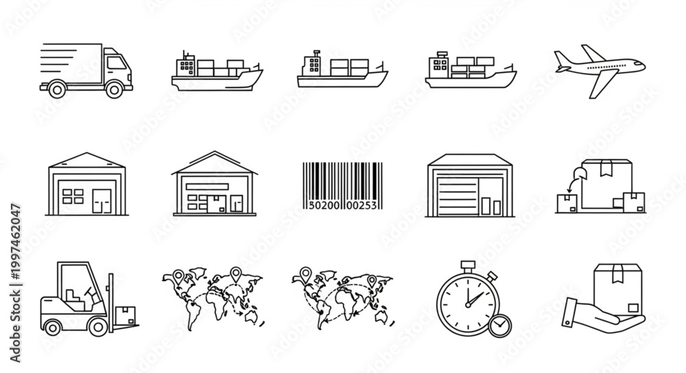 Fototapeta premium Logistics and transportation icons representing global shipping and delivery services.