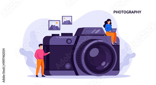 Creative Photography Concept: People Working With Giant Camera Illustration