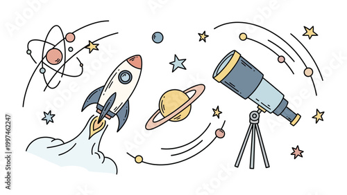 Celestial Voyage of Discovery: An artistic depiction showcases a rocket soaring towards the cosmos, accompanied by a telescope poised to observe the wonders of space.