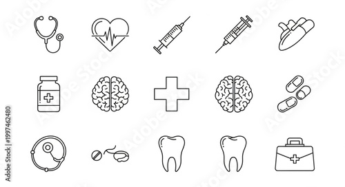 Medical and healthcare icons representing various aspects of medicine and treatment.