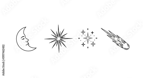 Moon smiling face star burst meteor.