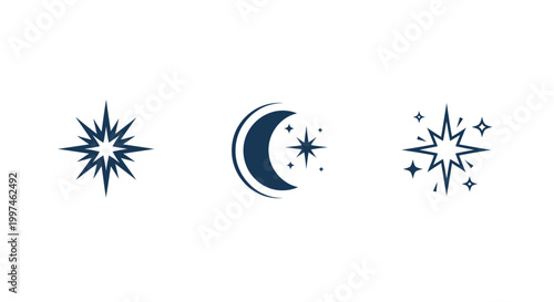 Black star moon icons on white.
