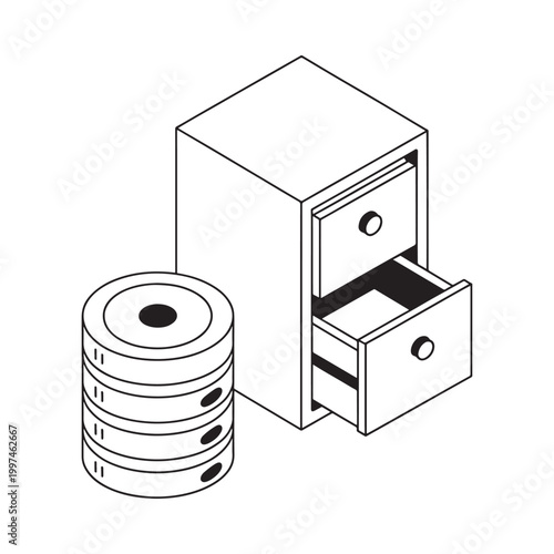 file cabinet with stack of disks line drawing