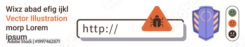Cybersecurity, online threat detection, internet safety, malware protection, digital security, risk prevention. Web address bar with bug warning, shield icon and happy feedback. Cybersecurity