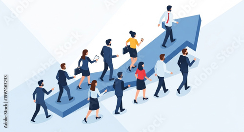 Diverse group of business people walking up an upward trending arrow representing growth and success.