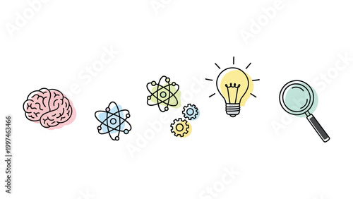 Scientific Imagination: A vibrant collection of science-related icons, including a brain, atoms, gears, a lightbulb, and a magnifying glass, symbolizing the concepts of thought, discovery.