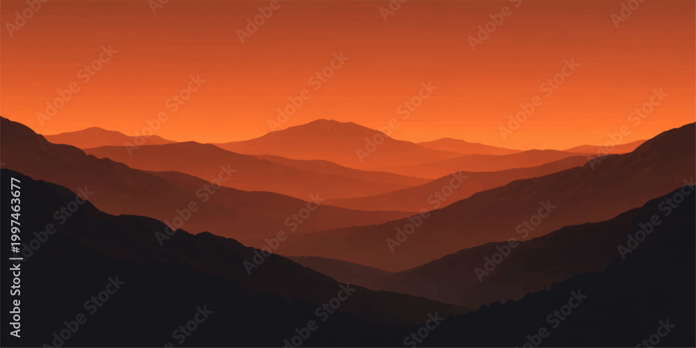 Obraz premium Orange sunset mountain background: dramatic layered silhouettes with glowing horizon, deep shadows and warm fiery sky creating a bold atmospheric landscape