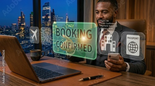Man checking travel booking confirmation on laptop
