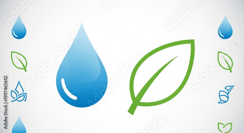 Water Droplet and Green Leaf Icon.