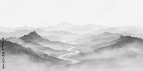 Monochrome mountain valley scene: mist covered peaks with winding river through layered hills, soft foggy depth and minimalist grayscale landscape background