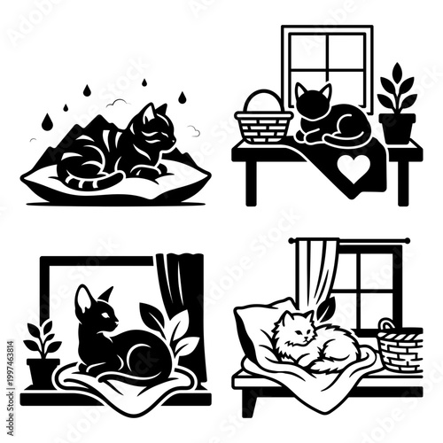 Sleeping cat rainy window silhouette icon set