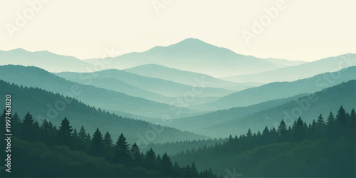 Green mountain forest landscape: layered misty hills with pine tree silhouettes, soft atmospheric depth and calming natural scenic background