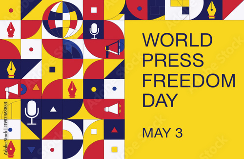World Press Freedom Day Poster May 3 — Journalism, Media Freedom, Microphone and Megaphone Graphic
