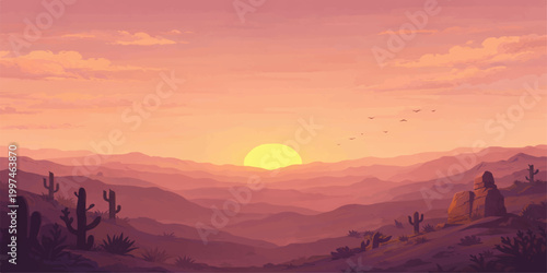 Desert sunset landscape background: warm glowing sun over layered hills with cactus silhouettes, soft orange sky and peaceful atmospheric evening scenery