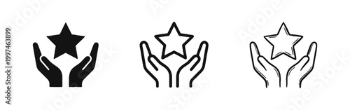 Hands Holding Star Icons, Success and Rating Symbols in Solid Outline and Doodle Styles