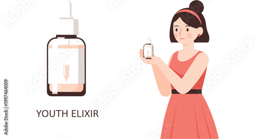 Woman holding serum bottle in peach color warm lighting for skincare advertising