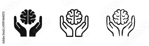Mental Health Icons, Hands Holding Brain Symbols in Solid Outline and Hand-Drawn Styles