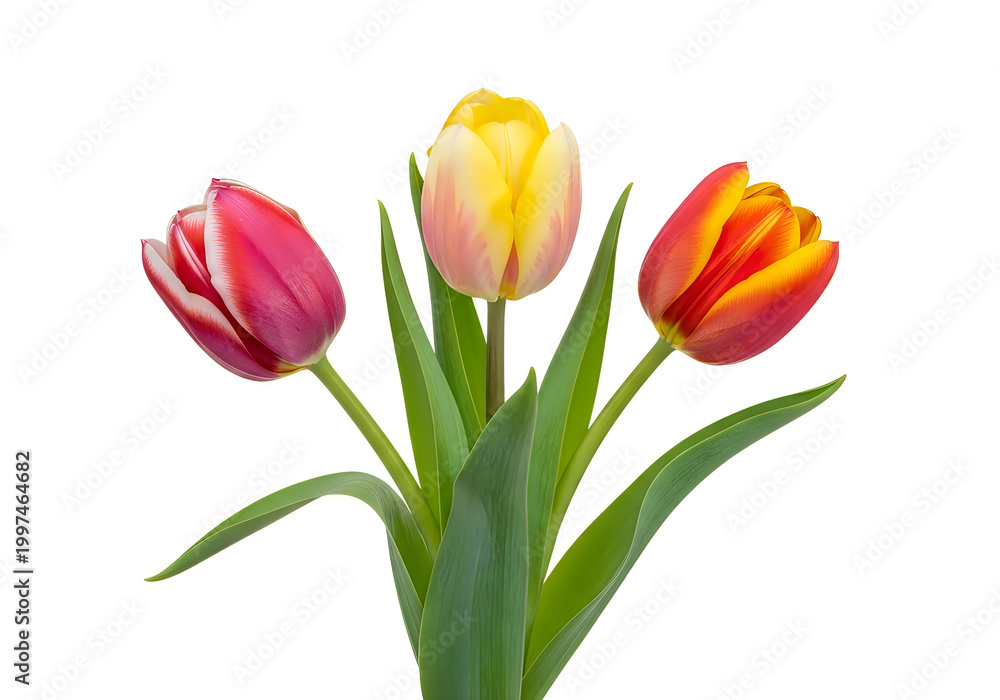 Fototapeta premium Three vibrant tulips in a fresh and lively bouquet arrangement