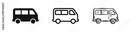 Van Icon Set, Minibus Transportation Symbols in Solid Outline and Hand-Drawn Styles