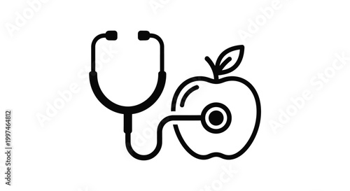 Minimalist vector graphic illustration of a stethoscope examining a fresh apple representing healthy lifestyle choices medical diagnostics nutrition wellness and clinical care for diverse patients