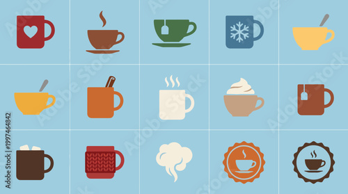 Collection of colorful coffee and tea cup icons on light blue background