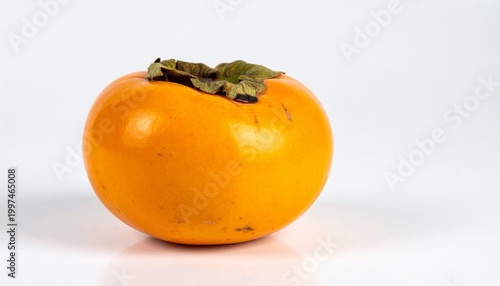 A persimmon sits on a surface with a leaf on top.