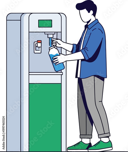Man filling a reusable water bottle from a public dispenser for sustainable hydration.