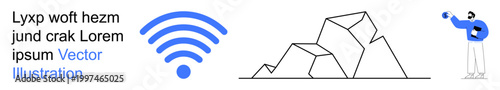 Communication, connectivity, abstract design, sports, creativity, technology. Blue wireless symbol, geometric mountain shapes man tossing a ball. Communication and connectivity conceptual idea