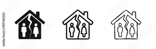 Divorce and Separation Icons, Broken Home Symbols in Solid Outline and Hand-Drawn Styles