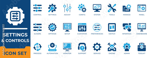 Settings and controls icon set. UI adjustment, system configuration, preference sliders, software management, admin dashboard and automation vector symbols.