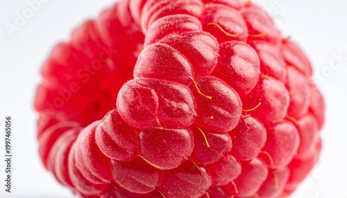 Close-up view of a fresh raspberry on a white surface