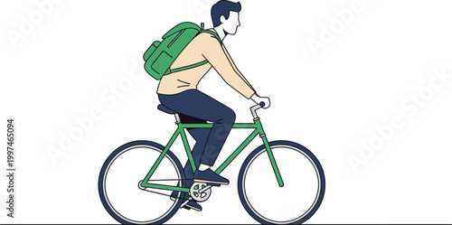 Young man riding a bicycle with a backpack for sustainable urban travel.
