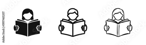 Person Reading Book Icons, Student and Education Symbols in Solid Outline and Hand-Drawn Styles