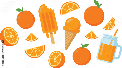 Fresh Orange Fruit Collection with Juice Glass, Ice Cream Cone, Popsicle and Citrus Slices for Summer Refreshment Food Vector Illustration Set
