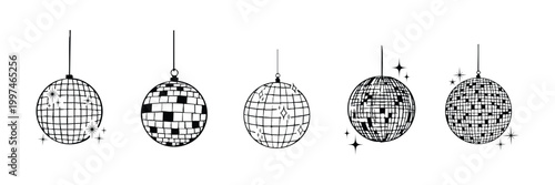 Set of hand drawn disco ball icon, doodle style, vector doodle icon. Disco Globe Ball Vector Icon Vector Glitter Set. Disco Mirror Ball Light for Party or Club Kit. For wedding, graduation party