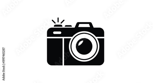 Simple black vector graphic illustration of a digital camera featuring a flash icon which is perfect for photography websites and creative user interface design projects