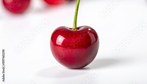 Fresh ripe cherry with green stem on white surface near other cherries