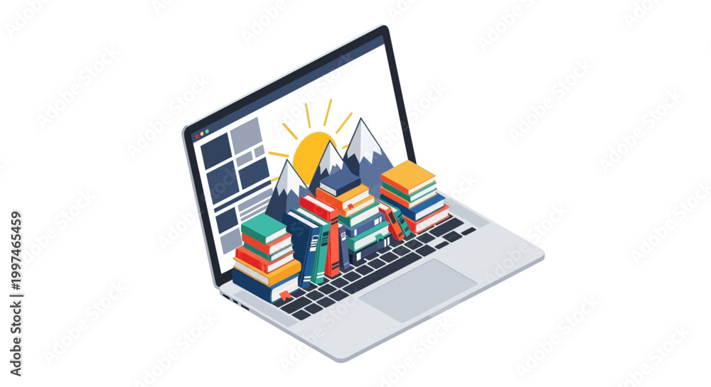Obraz premium Isometric E-learning and Digital Library Concept: Laptop with Stacks of Books and Mountain Landscape for Online Education and Knowledge