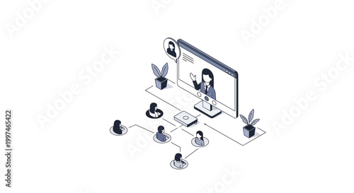 Isometric Illustration of Online Education and Virtual Webinar with Female Instructor on Monitor and Remote Students Network
